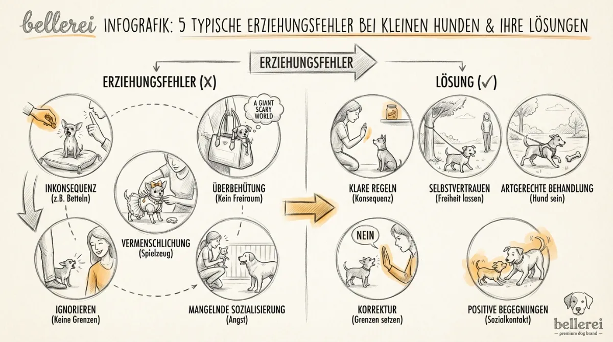 Infografik: Typische Erziehungsfehler kleiner Hunde und ihre Lösungen.