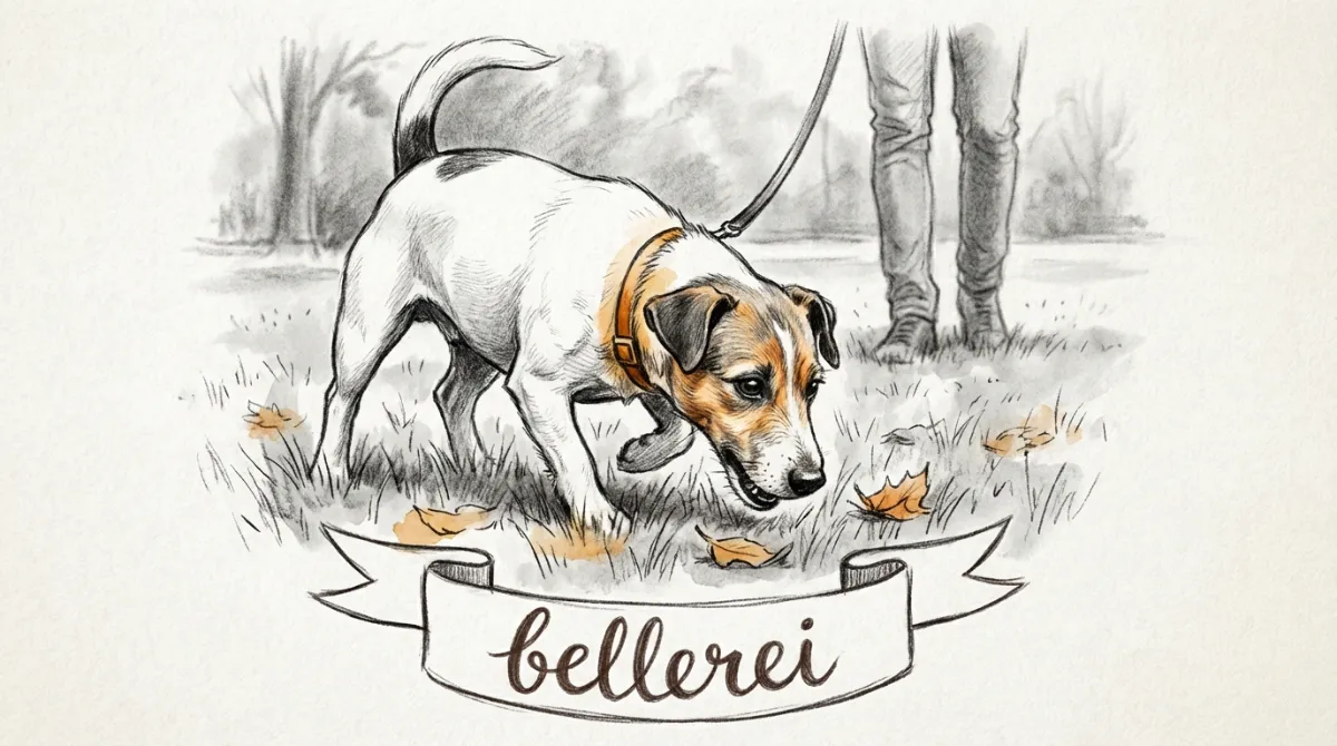 Jack Russell Terrier an Leine schnüffelt im Gras. Jagdtrieb Erziehung.