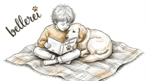 Harmonisches Zusammenleben: Kind und Hund lesen bellerei Buch gemeinsam auf Decke.