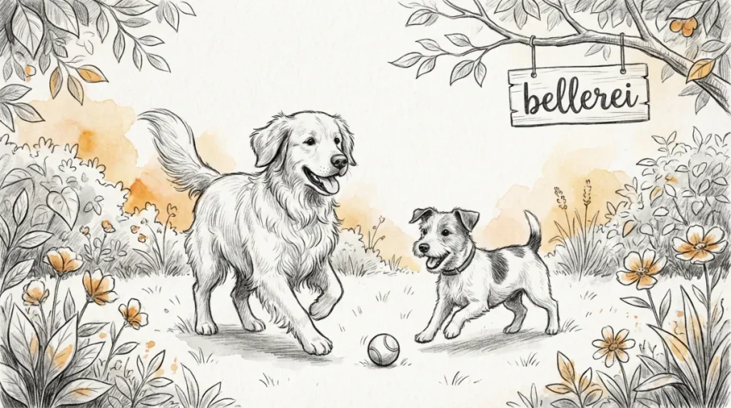 Mehrhundehaushalt: Zwei Hunde spielen glücklich im Grünen, bellerei.