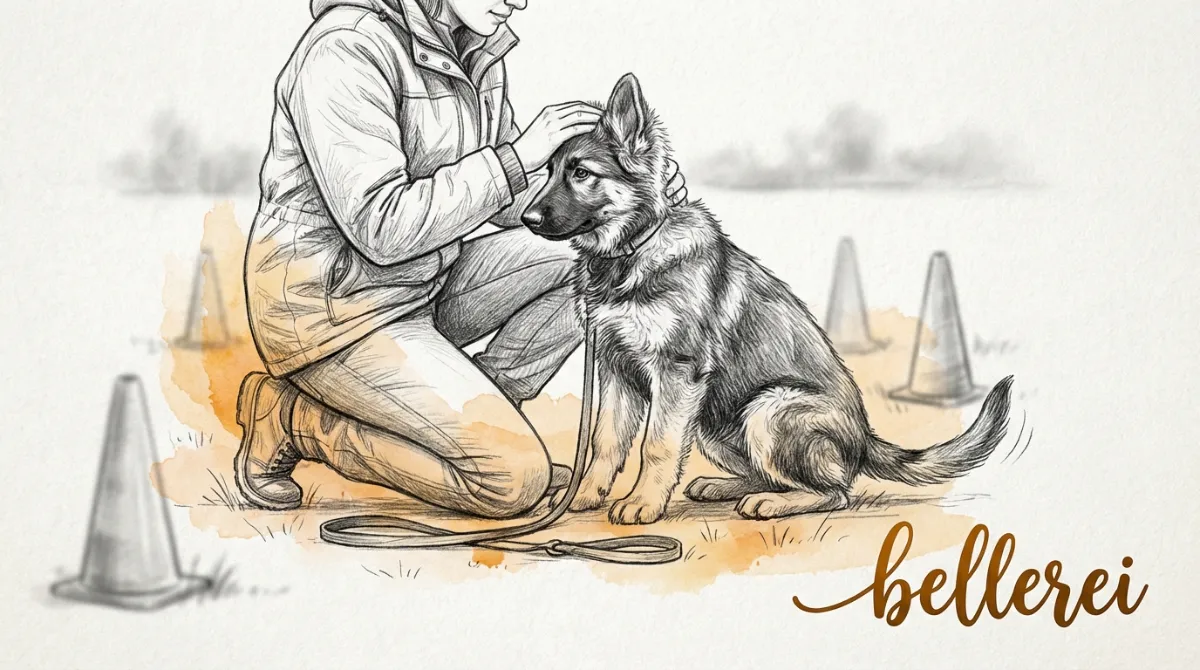 Person streichelt jungen Hund beim Rückruf Training, Fokus Pubertät, bellerei.