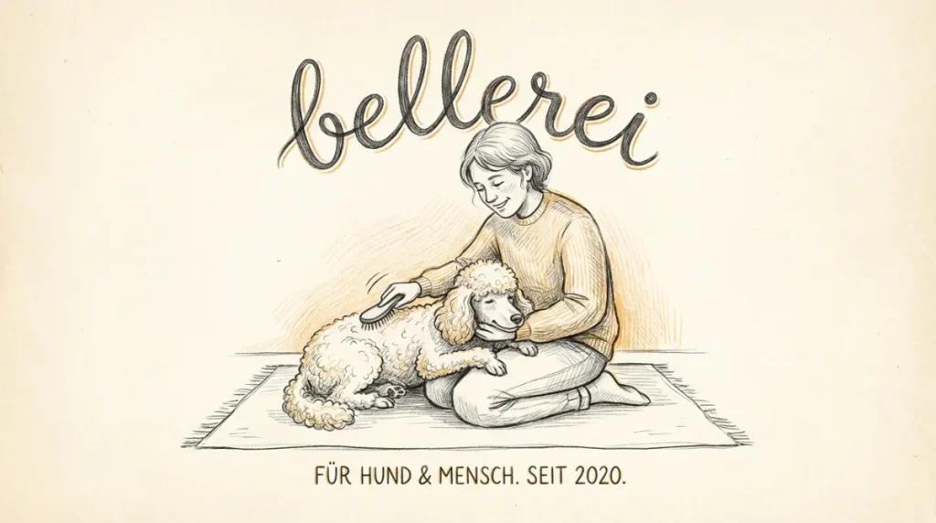 bellerei: Frau bürstet liebevoll Pudel. Beste Pudel Fellpflege.