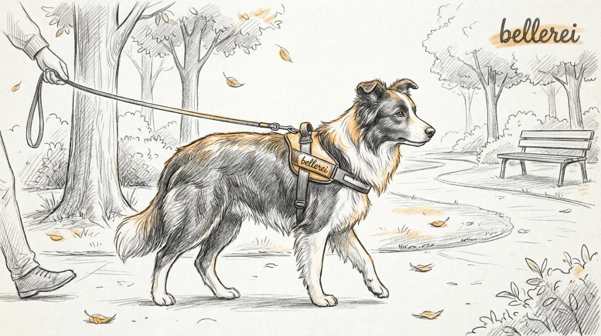 Reaktiver Border Collie mit bellerei Geschirr für sichere Kontrolle beim Spaziergang.