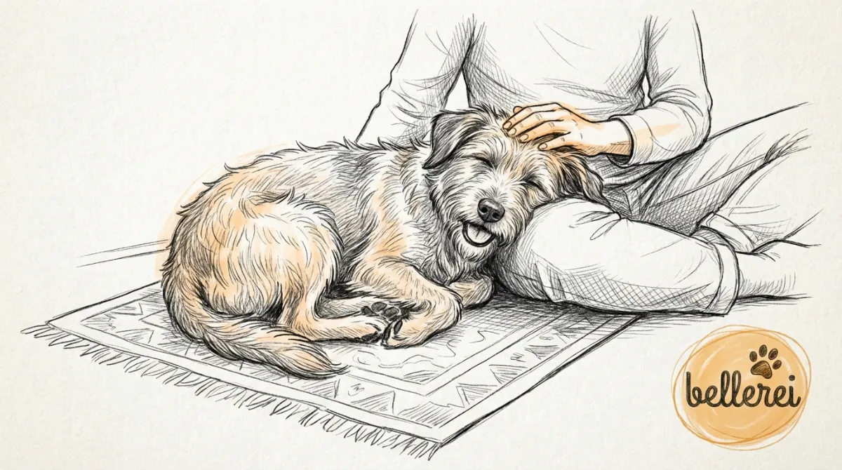 Sanftes Streicheln: Hund entspannt auf Schoß, positives Verhalten.