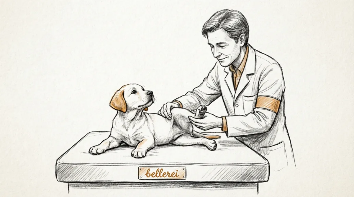 Tierarzt untersucht Welpenbein auf mögliche HD-Symptome beim Hund