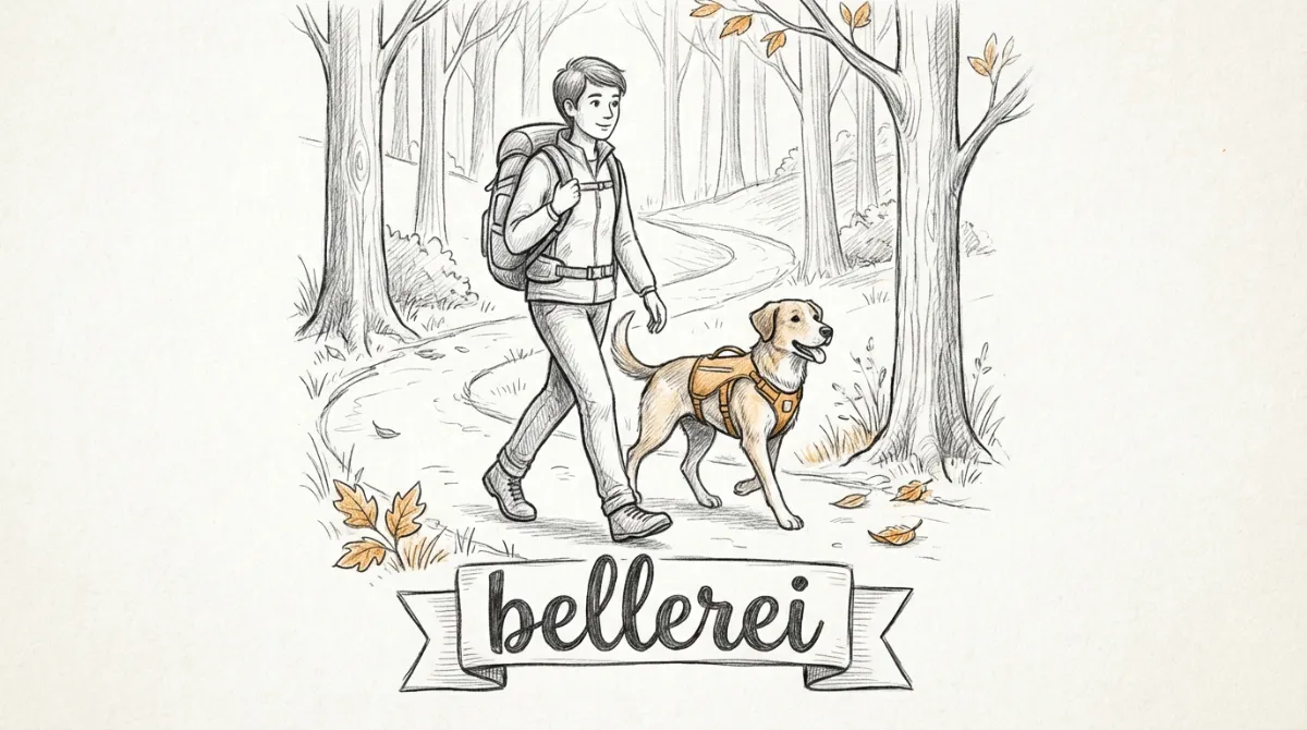 Wanderer mit Hund und bellerei Geschirr im Wald auf Spaziergang.