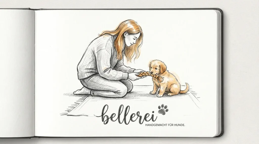 Golden Retriever Welpe übt Beisshemmung beim Zerrspiel mit einer Frau.