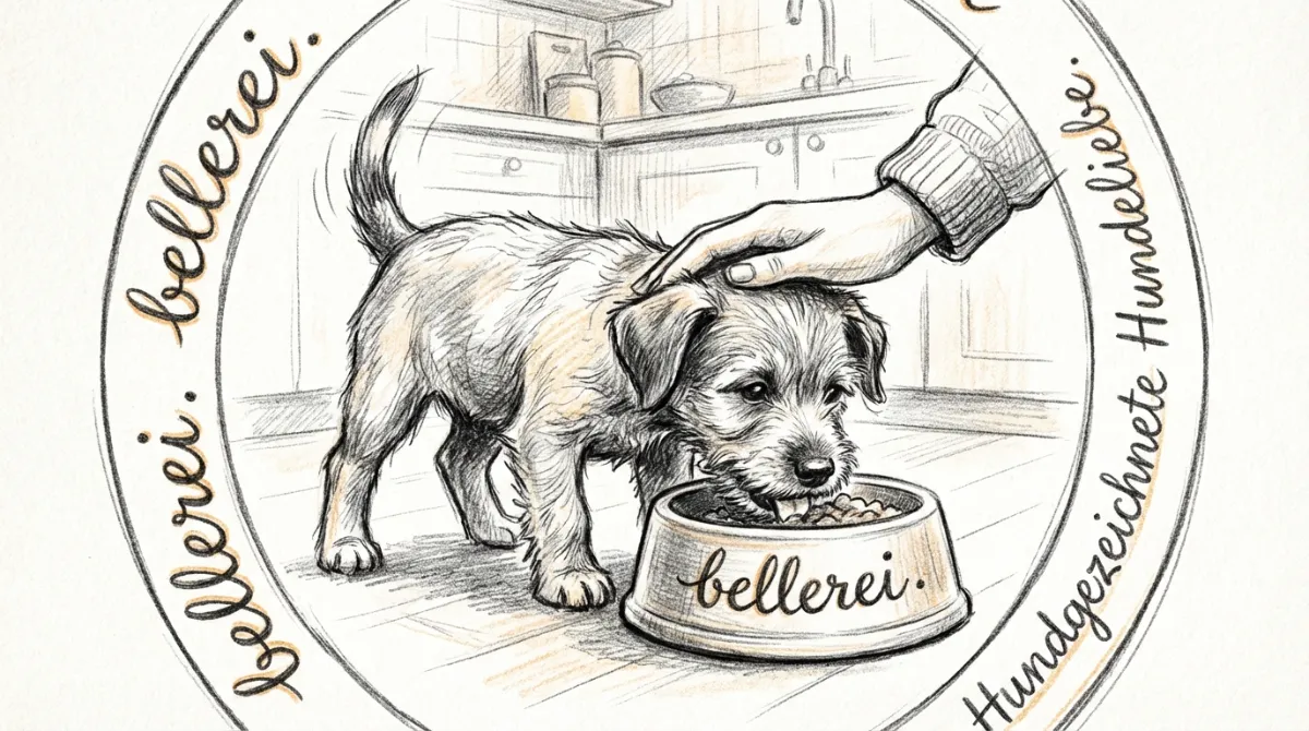 Welpe frisst bellerei Welpenfutter, Hand streichelt. Gesunde Welpen Ernährung.