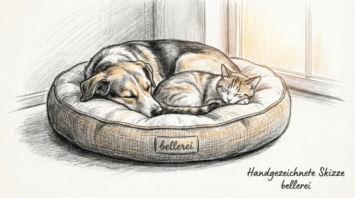 Welpe und Katze schlafen friedlich im bellerei Hundebett zusammen.