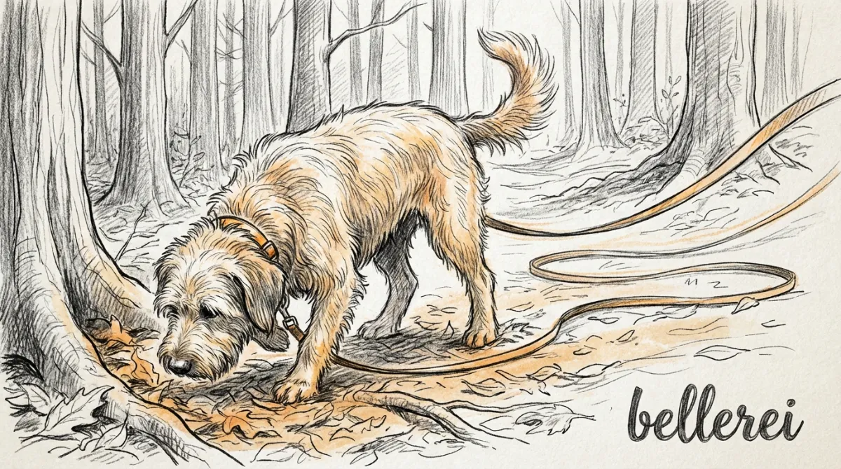 Wuscheliger Hund schnüffelt im Wald, sucht Ursachen für sein Verhalten.