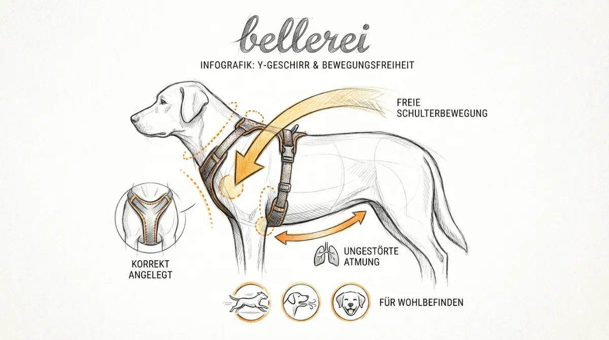 Y-Geschirr Infografik: korrekte Passform für Basenji Anatomie, Bewegungsfreiheit, Atmung.