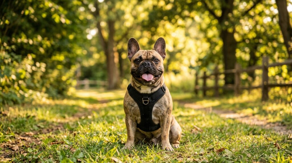 Französische Bulldogge mit bellerei Y-Geschirr