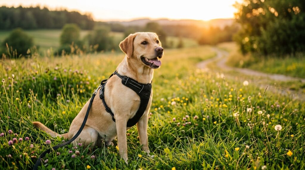 Labrador Retriever mit bellerei Y-Hundegeschirr im Freien