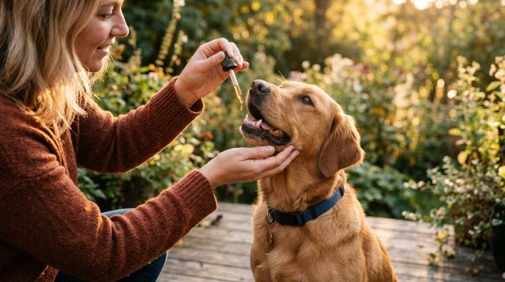 CBD Öl Tropfen werden einem Hund verabreicht
