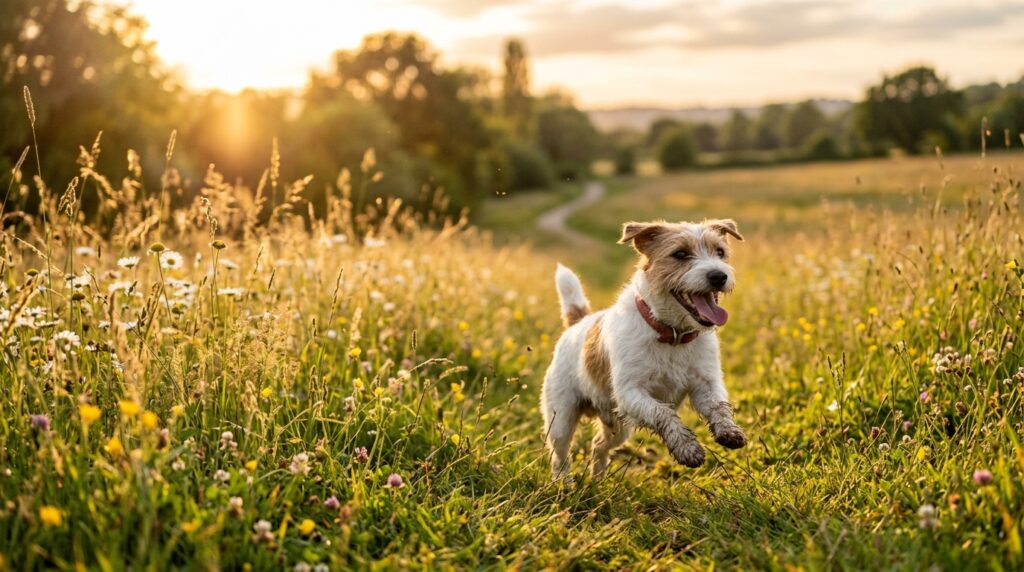 Jack Russell Terrier rennt freudig ueber eine Wiese