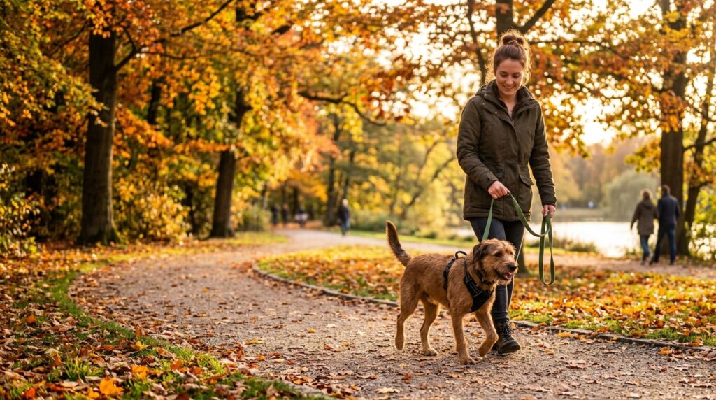 Hund läuft entspannt an der Leine im Park