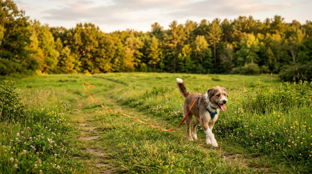 Hund mit Schleppleine auf Wiese