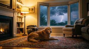 Hund mit Gewitterangst schaut bei Gewitter aus dem Fenster