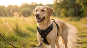 Hund mit gepolstertem Y-Geschirr, Leine vorne am Brustring eingehakt zum Anti-Zieh-Training