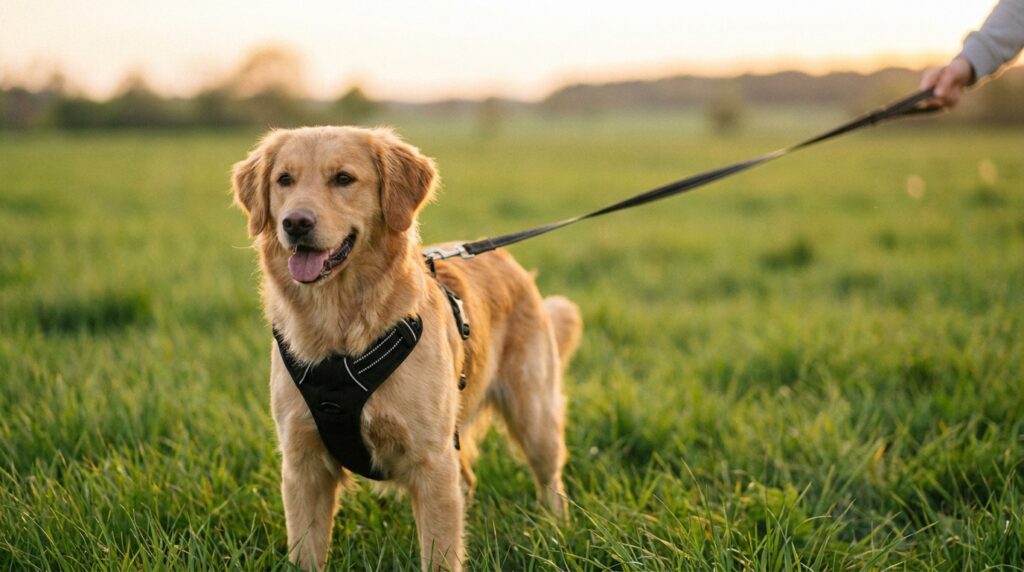Hund mit gepolstertem Hundegeschirr an der Leine auf einer Wiese