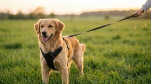 Hund mit gepolstertem Hundegeschirr an der Leine auf einer Wiese