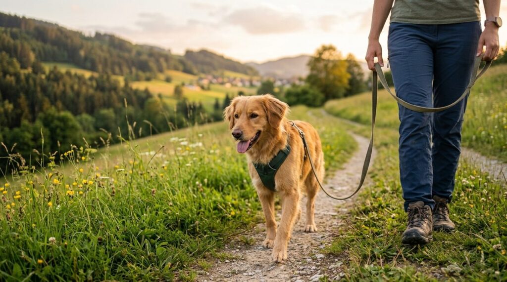 Glücklicher Hund im gepolsterten Y-Geschirr an lockerer Leine auf einem Feldweg in Österreich