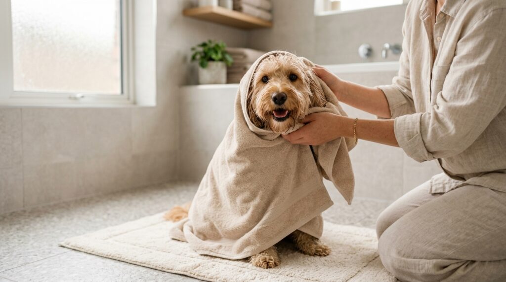Hund wird nach dem Baden mit einem Handtuch trockengerubbelt gegen Hundegeruch