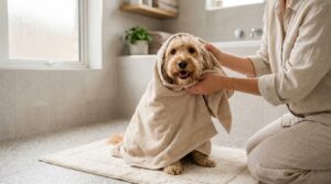 Hund wird nach dem Baden mit einem Handtuch trockengerubbelt gegen Hundegeruch