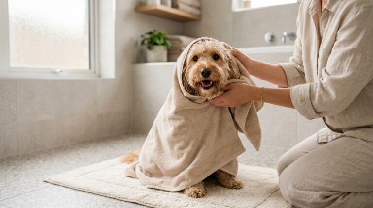 Hund wird nach dem Baden mit einem Handtuch trockengerubbelt gegen Hundegeruch