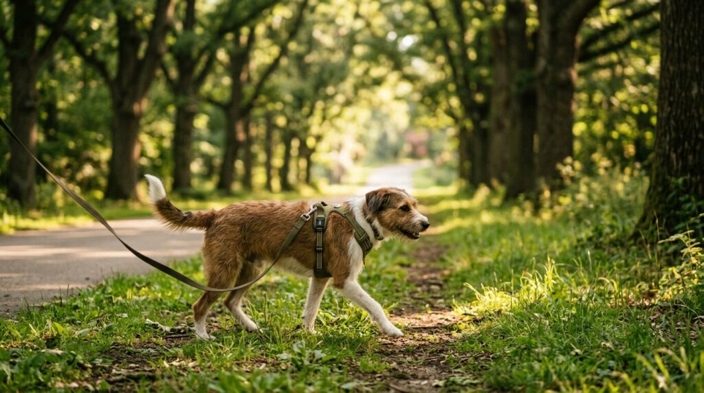 Hund an lockerer Leine im Geschirr auf schattigem Weg zum Schutz der Pfoten vor heißem Asphalt