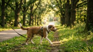 Hund an lockerer Leine im Geschirr auf schattigem Weg zum Schutz der Pfoten vor heißem Asphalt