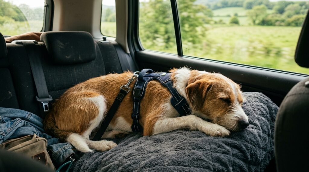 Ruhiger Hund liegt entspannt und gesichert auf einer Decke im Auto auf einer Reise