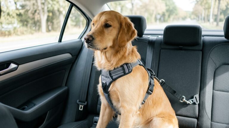 Hund im gepolsterten Y-Geschirr auf dem Rücksitz mit Sicherheitsgurt-Adapter angeschnallt