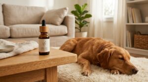 CBD Öl Fläschchen neben entspanntem Hund — Kaufberatung und Vergleich für Hunde