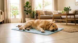 Hund liegt entspannt auf einer hellblauen Kühlmatte im Wohnzimmer — Fellstern Kühlmatte Erfahrungen
