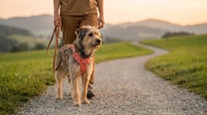 Hund mit korallenfarbenem Y-Geschirr beim entspannten Spaziergang – erlaubte Alternative zu Halti und Würgehalsband in Österreich