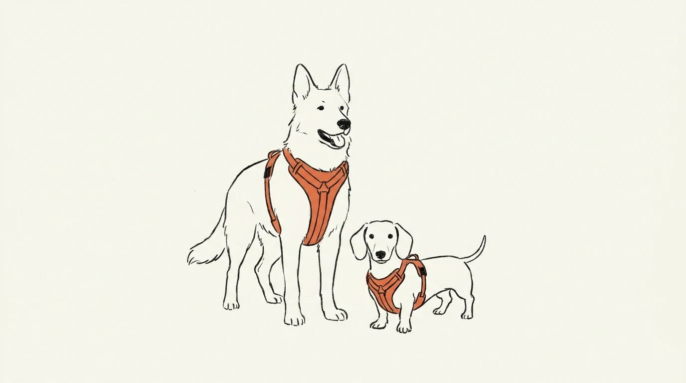 Großer und kleiner Hund mit bellerei Y-Geschirr — handgezeichnete Illustration