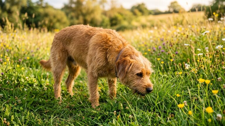 Gesunder Hund frisst entspannt Gras auf einer grünen, ungespritzten Wiese