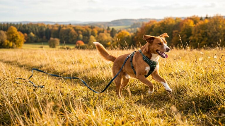 Hund mit gepolstertem Y-Geschirr an lockerer Schleppleine auf einer Herbstwiese