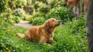 Gesunder Hund schnuppert im Garten am Gras und blickt zum Halter