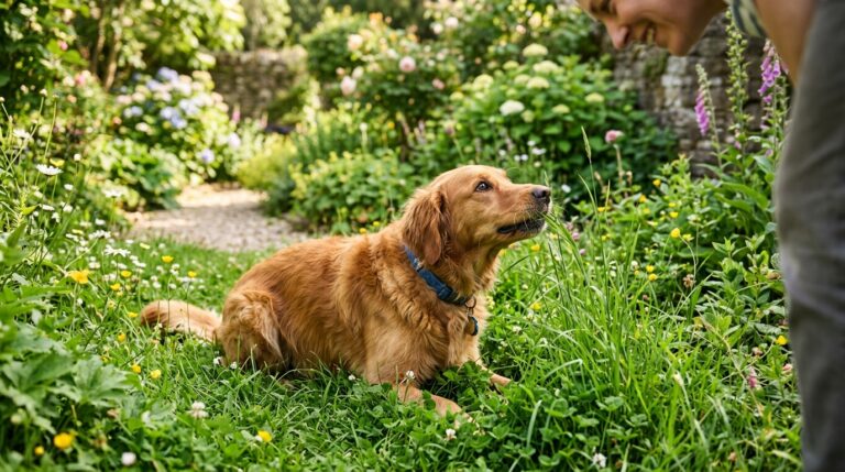 Gesunder Hund schnuppert im Garten am Gras und blickt zum Halter
