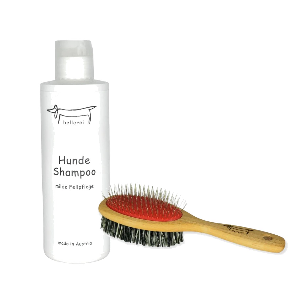 bellerei Pflege-Set: Hundeshampoo 200 ml und doppelseitige Fellpflegebürste aus Buchenholz