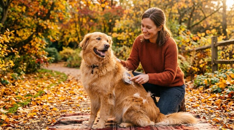 Person bürstet einen Hund im Herbst und entfernt lose Unterwolle