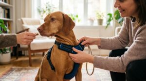 Person legt einem ruhigen Hund ein gepolstertes Y-Geschirr an und belohnt mit Leckerli