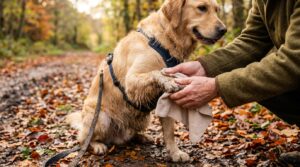 Person reinigt die matschige Pfote eines Hundes nach dem Herbstspaziergang mit einem Tuch