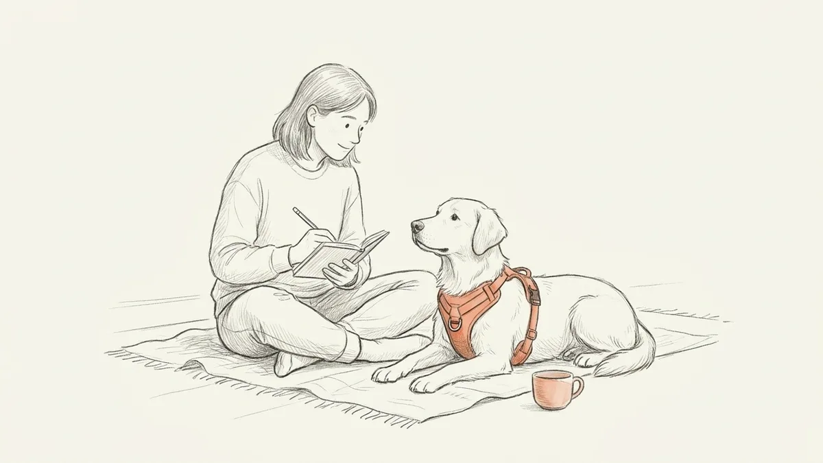 Halterin macht sich Notizen, während ihr Hund ruhig neben ihr liegt