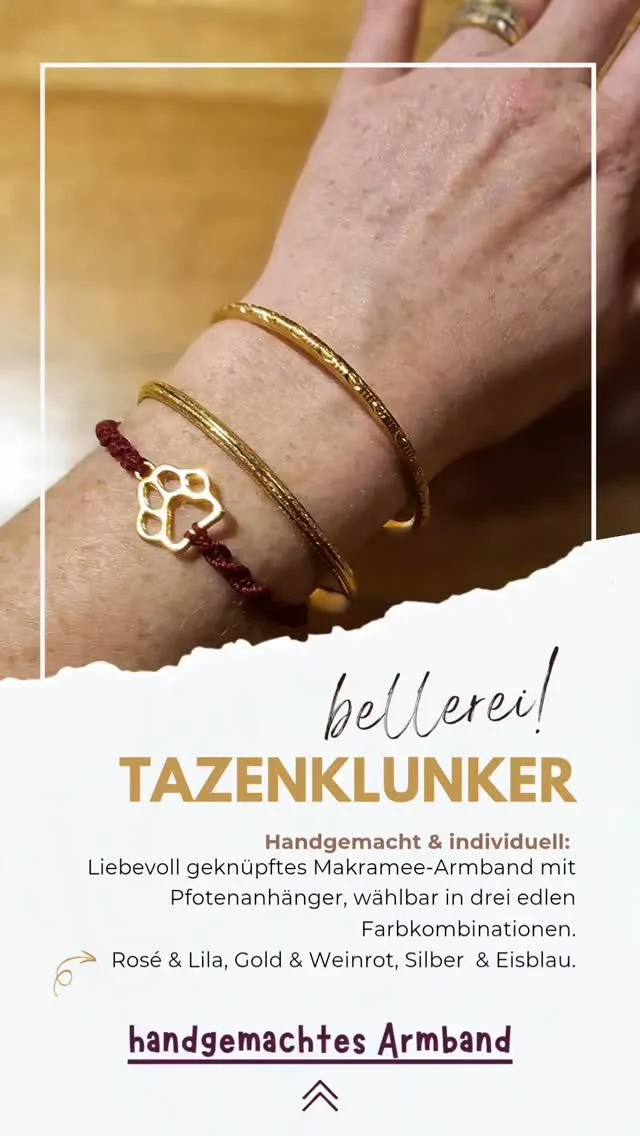 T a t z e n k l u n k e r 

▶️ Handgefertigtes Armband mit Hundepfoten ◀️

€12,50 inkl. MwSt.

🐾Handgemacht & individuell: Liebevoll geknüpftes Makramee-Armband mit filigranem Pfotenanhänger, wählbar in drei edlen Farbkombinationen.

🐾Anpassbar: Wunschfarbe im Kommentarfeld angeben – verfügbar in Silber mit Eisblau, Gold mit Weinrot oder Rosé mit hellem Lila.

🐾Pflegeleicht: Für langanhaltende Freude das Armband beim Abwaschen und Duschen abnehmen.

#sʜᴏᴘɴᴏᴡ #bellerei #onlineshop #armband #hundepfote #makramee #handmade #austria🇦🇹 #bellereishop